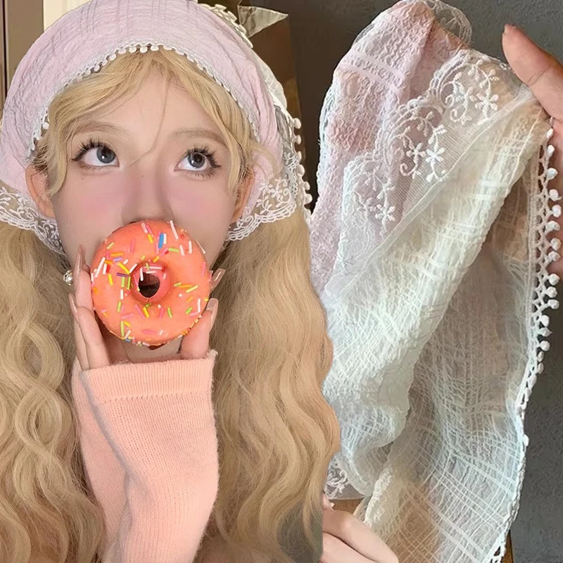 

Fashion White Lace Head Wrap Scarf Embroidered Triangle Neck Kerchief for Women Travel Photography Hair Bandana Pink Hair Scarf