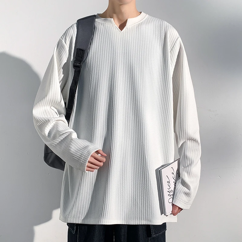 Loose Fit Spring Top Tees Casual Streetwear Pullover for Autumn Men's White Ribbed Knit Henley Shirt Long Sleeve V-Neck Split