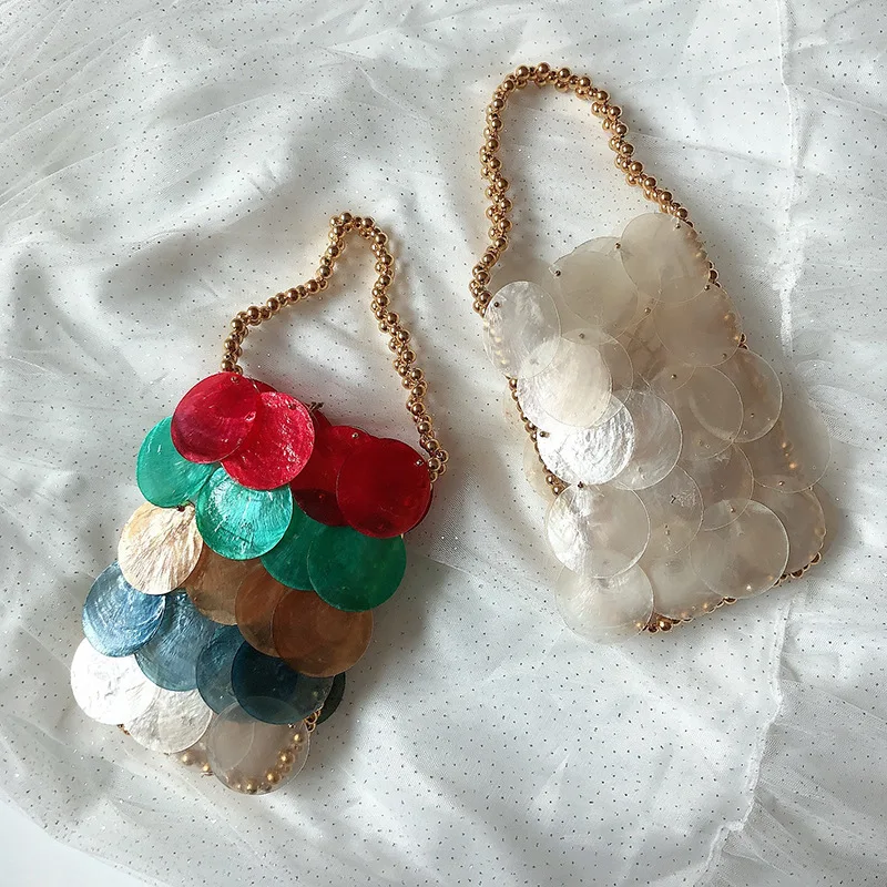 Refreshing Summer Rice White Woven Armpit Bag With Colorful Raw Stones, Beads, Bead Shoulder Straps, Vacation Style Handbag