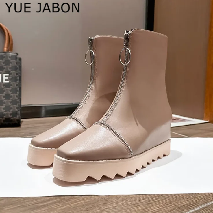 Women's Ankle Boots Autumn Genuine Leather Chunky Stars Shoes Woman Height Increased Sneakers Thick Sole Wedges Zipper Boots