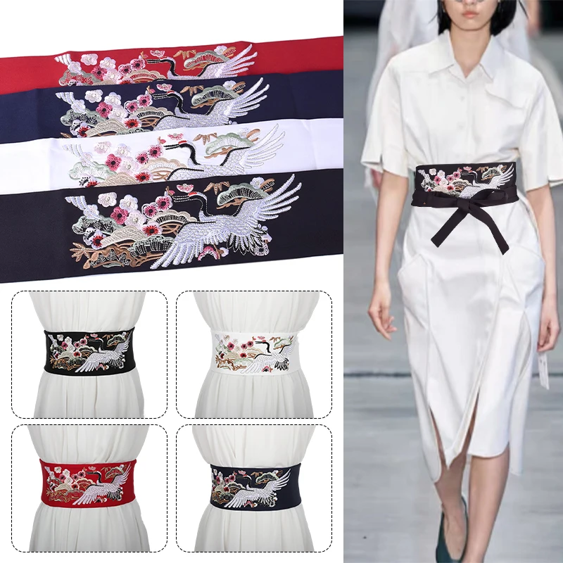 White Crane Embroidered Wide Waist Belt Women Fabric  Cummerbund Chinese Hanfu Waistband Japanese Obi Corset  Boho Dress Belt