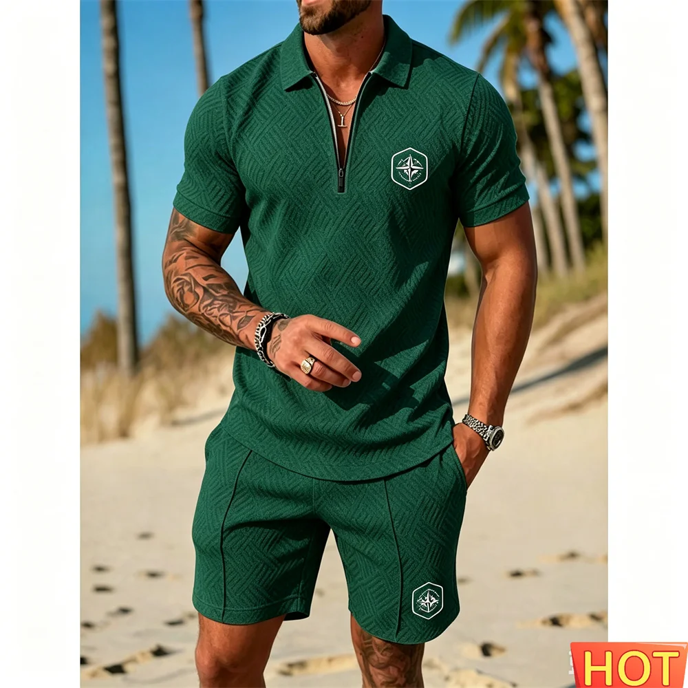 Ensembles assortis pour hommes été, costume de vacances pour hommes, ensemble polo respirant pour hommes, ensemble polo deux pièces pour plage, ensemble polo et short décontracté à motifs