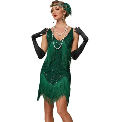 Yeşil Beyaz Kadın 1920 s Vintage Great Gatsby Parti Pullu Elbise Seksi V Yaka Cami Elbise Saçak Elbise vestidos Sineklik Kostümleri