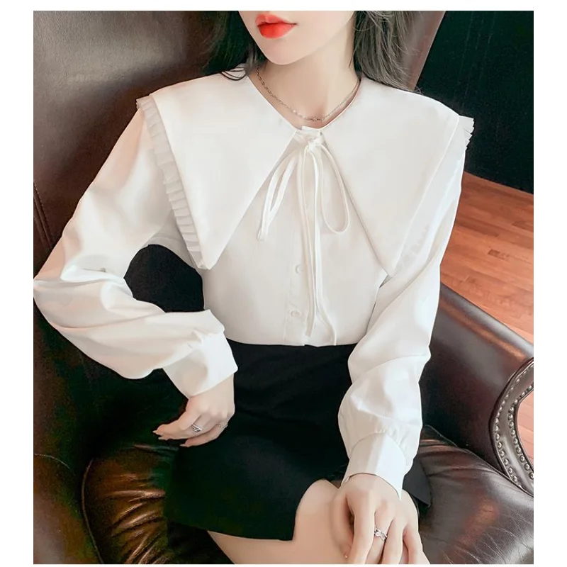 Camicia francese con colletto a bambola dolce per donna Top in chiffon a maniche lunghe stile nuovo design primaverile