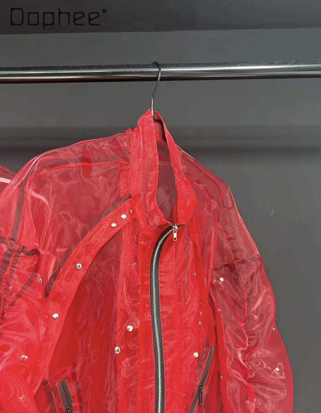 Street Personality Handsome Red Men Jacket Oversized Coat Heavy Industry Rivet Long Sleeve Thin Sunscreen Jacket Trendy Top