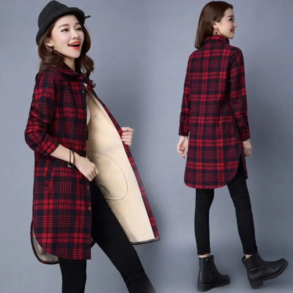 Thick Warm Printing Blouses New Long Sleeve Turn-down Collar Plaid Autumn Winter Office Lady Simplicity Casual Women\'s Clothing