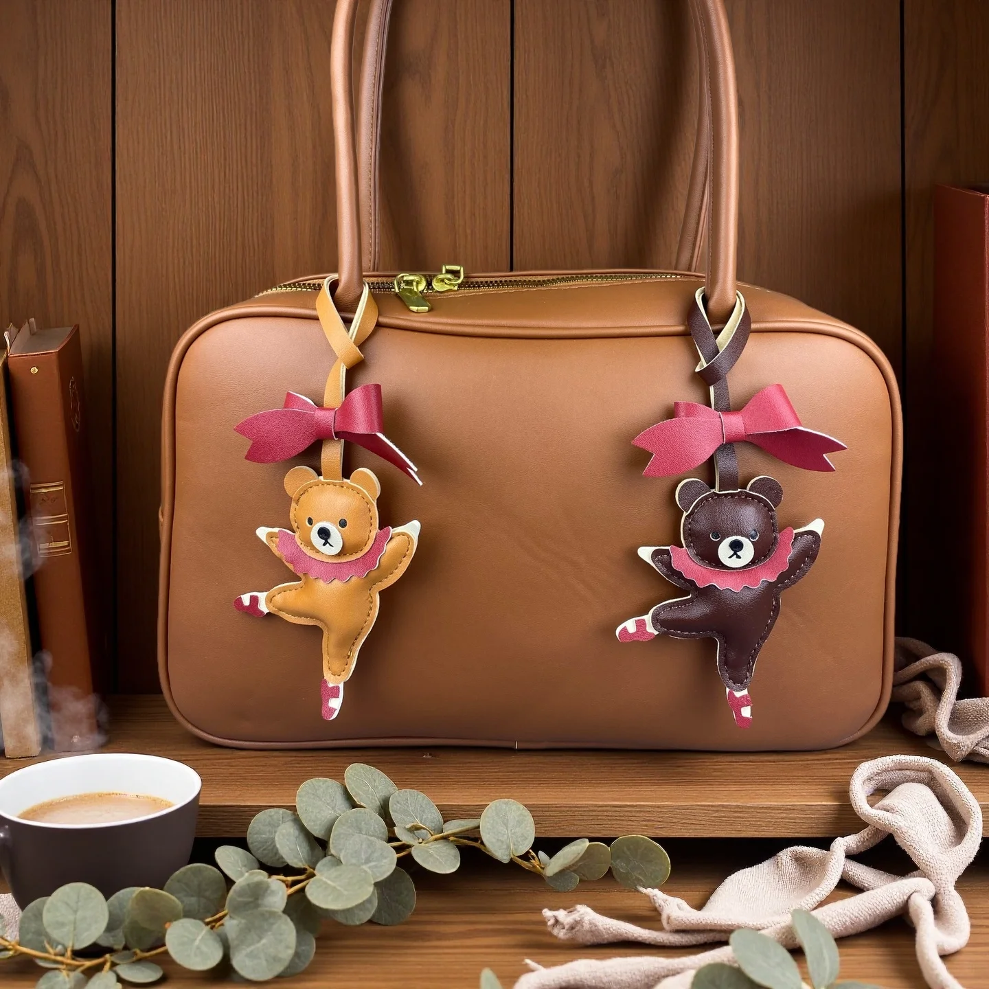Elegant Ballet Dancing Bear PU Leather Bag Charm with Bow