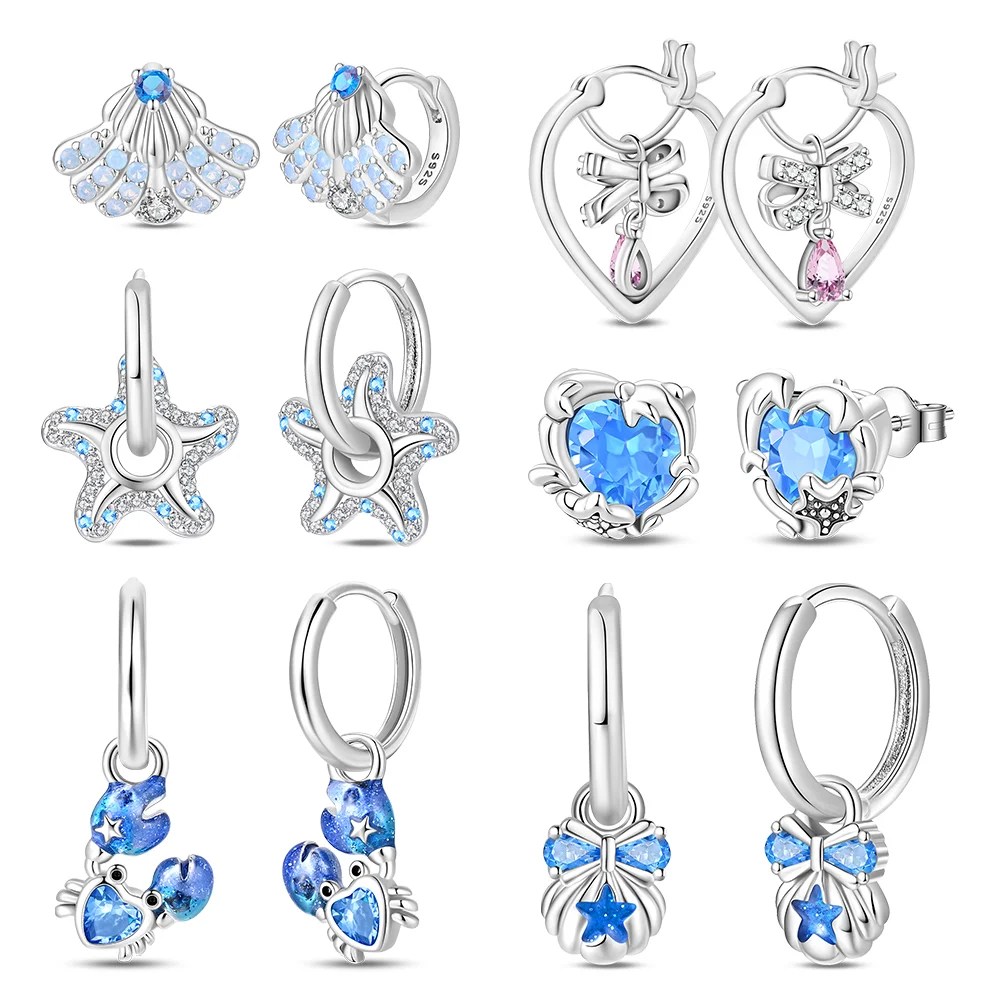Original Blue Earrings 925 Silver Blue Zircon Bow Seashell Starfish Crabs Hoop Earrings Jewelry Gift for Daily Party Dating Wear