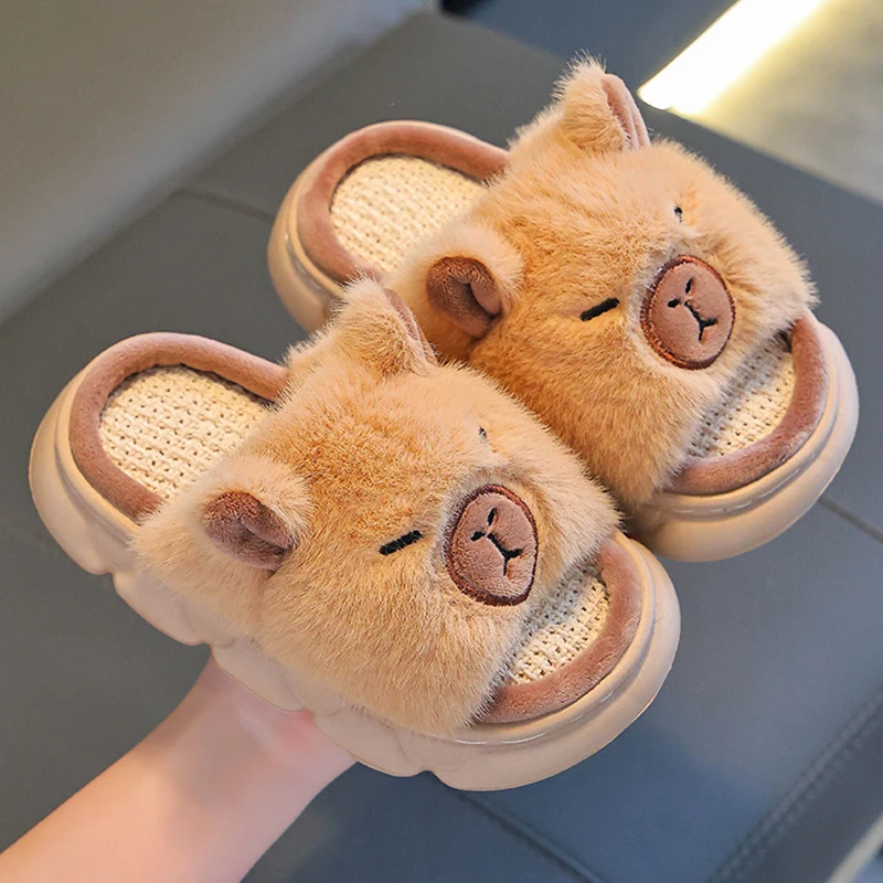 Lovely Capibala Linen Slippers for Children Four Seasons Thick Bottom Non Slip Home Slides Woman Comfortable Soft Sole Slippers - view 4