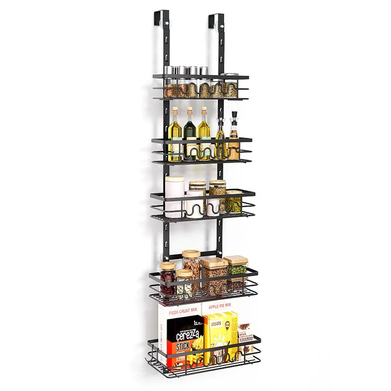5Tier No Punching Hook Holder Over the Shower Door Caddy Hanging Organizer Shelf Adjustable Kitchen Wall Mount Spice Basket Rack