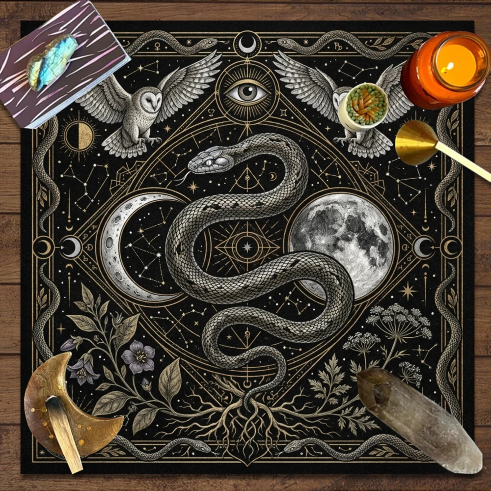 1pc Dark Mysterious‑Style Party Tablecloth, Black Moon, Serpent‑Eye and Night‑Star Pattern, for Tarot Crystal Healing Rituals