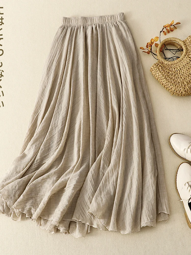 

Свободная двухслойная льняная юбка с высокой талией, женская юбка-миди трапециевидной формы, японская пышная юбка, винтажный цвет, для поездок на работу