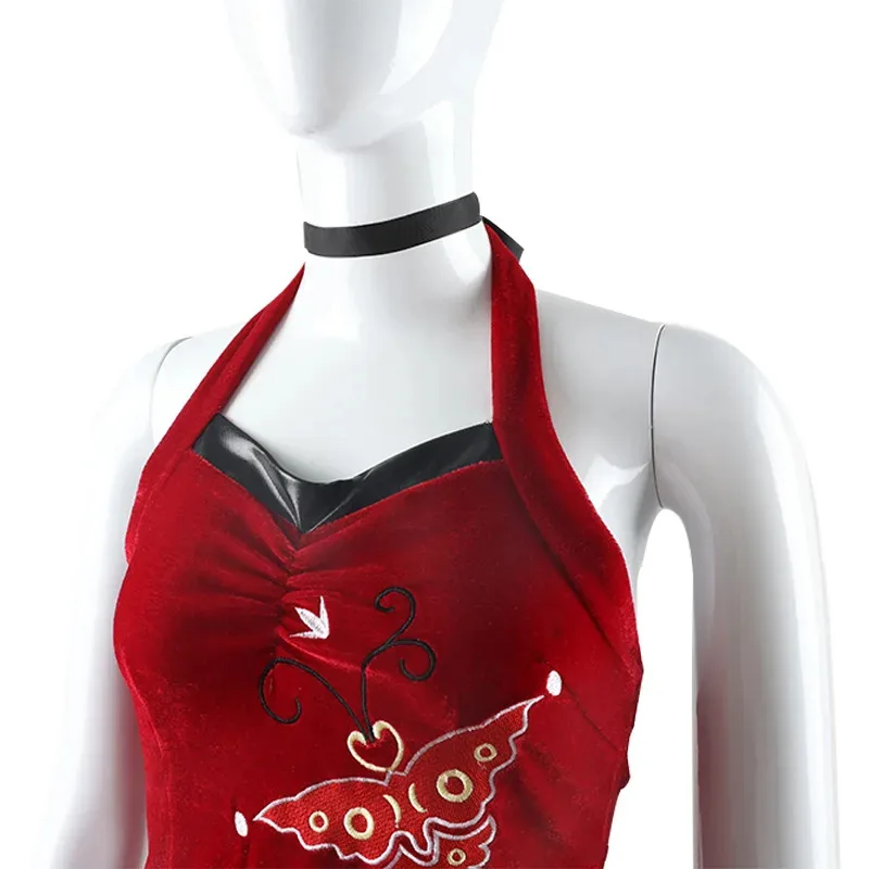 Kostium do odgrywania ról Michelts Ada Wong, haftowana sukienka w kratę w kolorze czerwonym, damski kostium do odgrywania ról na Halloween