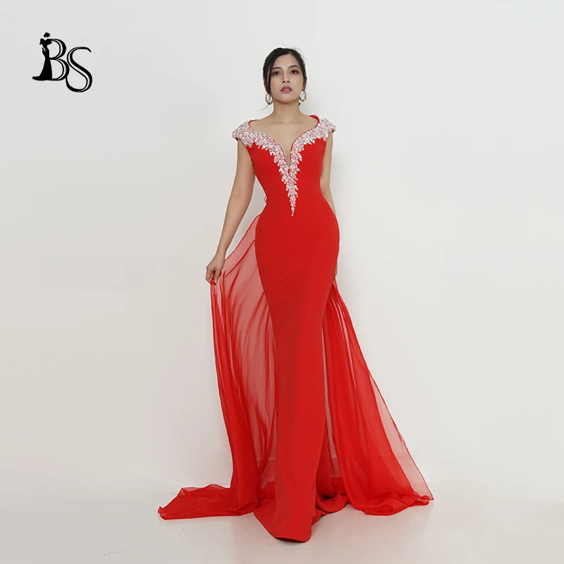 

Baisha Fashion Evening Dress Two Piece Set Detachable Floating Train Sexy V Neck Wedding Dress For Women Formal Occasions H978