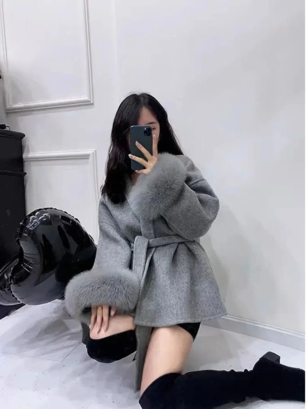 

Women's Mid-Length Collar Fur Sve Jaet with Tie-Band Long Sve Street Sle Loose Fit Regular Sve Long Coat