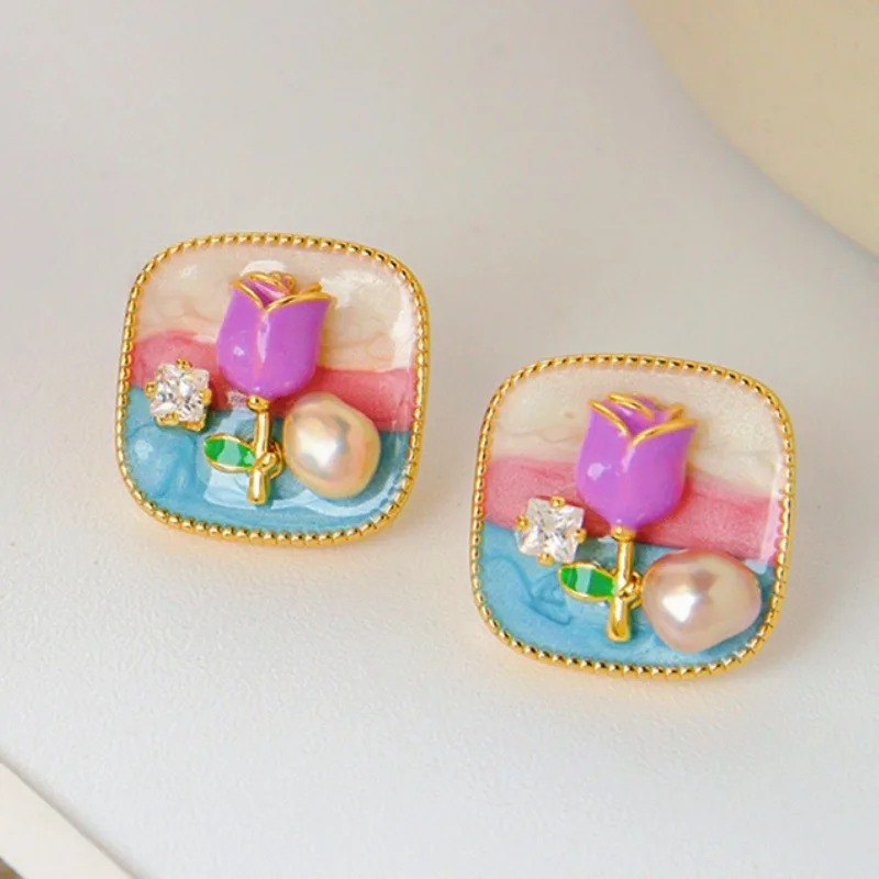 Women's Retro Color Drop Earrings Freshwater Pearl Rose Stud Earrings Fashionable All-match Oil Painting Ear Studs Jewelry Gift image 2