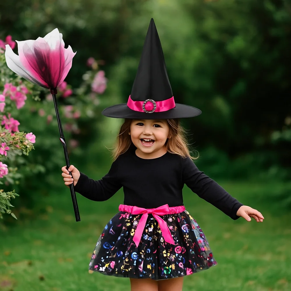 3 stks/set Tovenaar Kinderen Halloween Kostuums Puntige Hoed Bezem Kids Heks Jurk Set Heldere Kleur Korte Rok