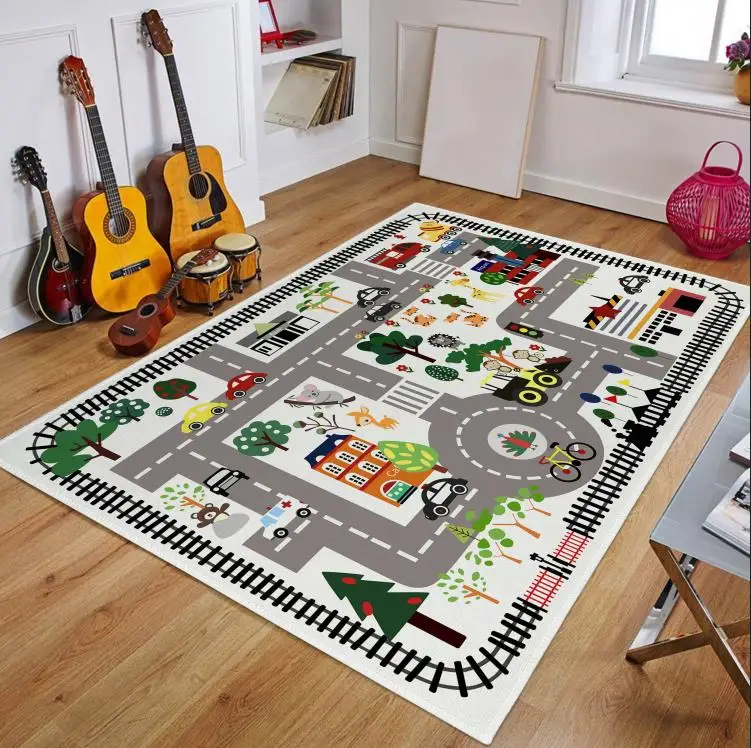 Children\'s Traffic Educational Carpet for Living Room Decor Children\'s Room City Life Road Non-Slip Large Area Rugs Crawling Mat