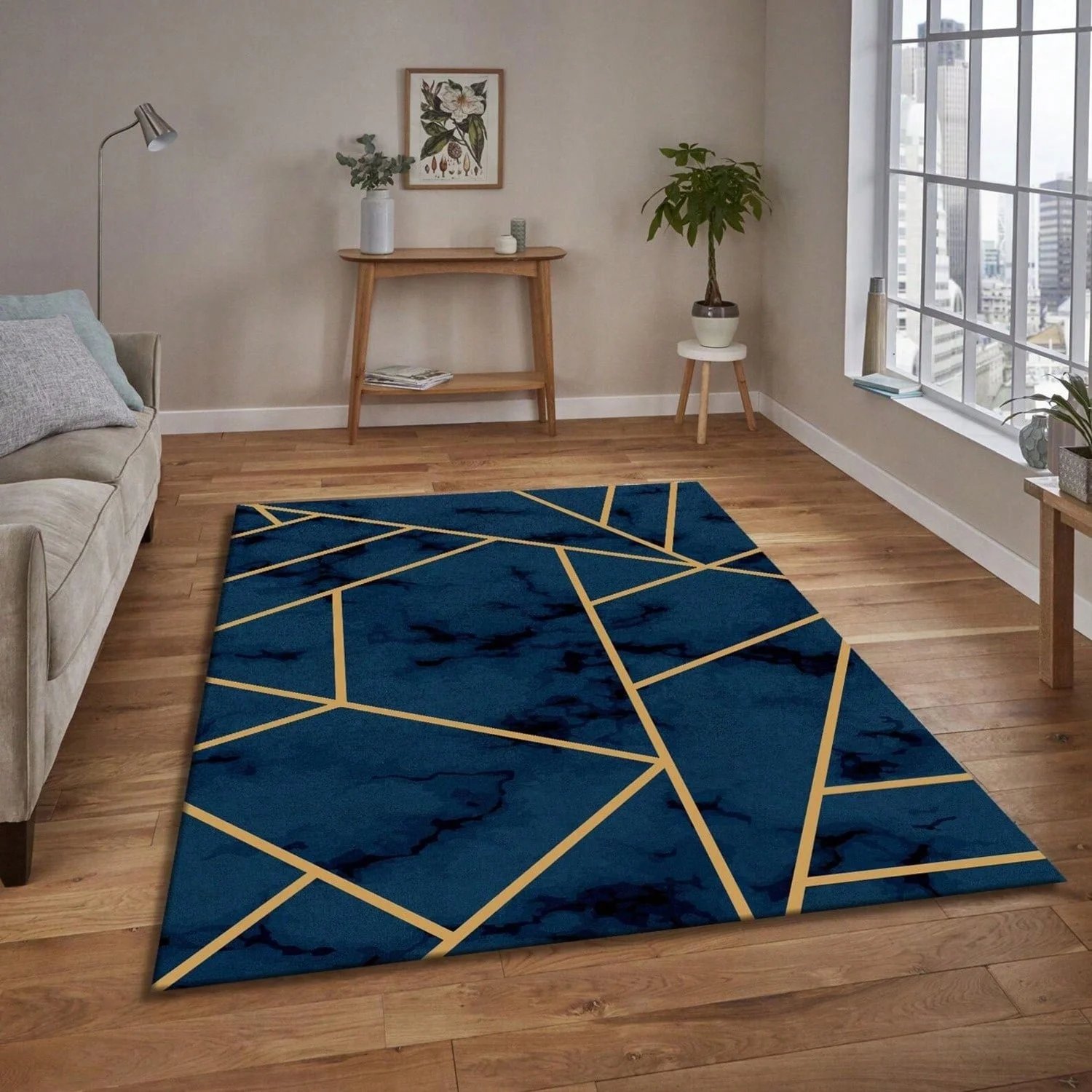 Modern Blue and Gold Geometric Pattern Carpet, Luxurious Marble Print Carpet, Stylish Geometric Pattern Carpet, Abstract Blue and Gold Living Room Carpet.