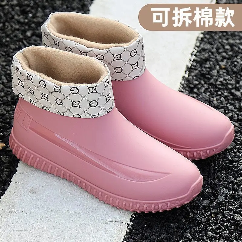 2024 Fashion warm womens galoshes ankle rain boots plush waterproof shoes woman winter fur lined rainboots ladies rubber boots