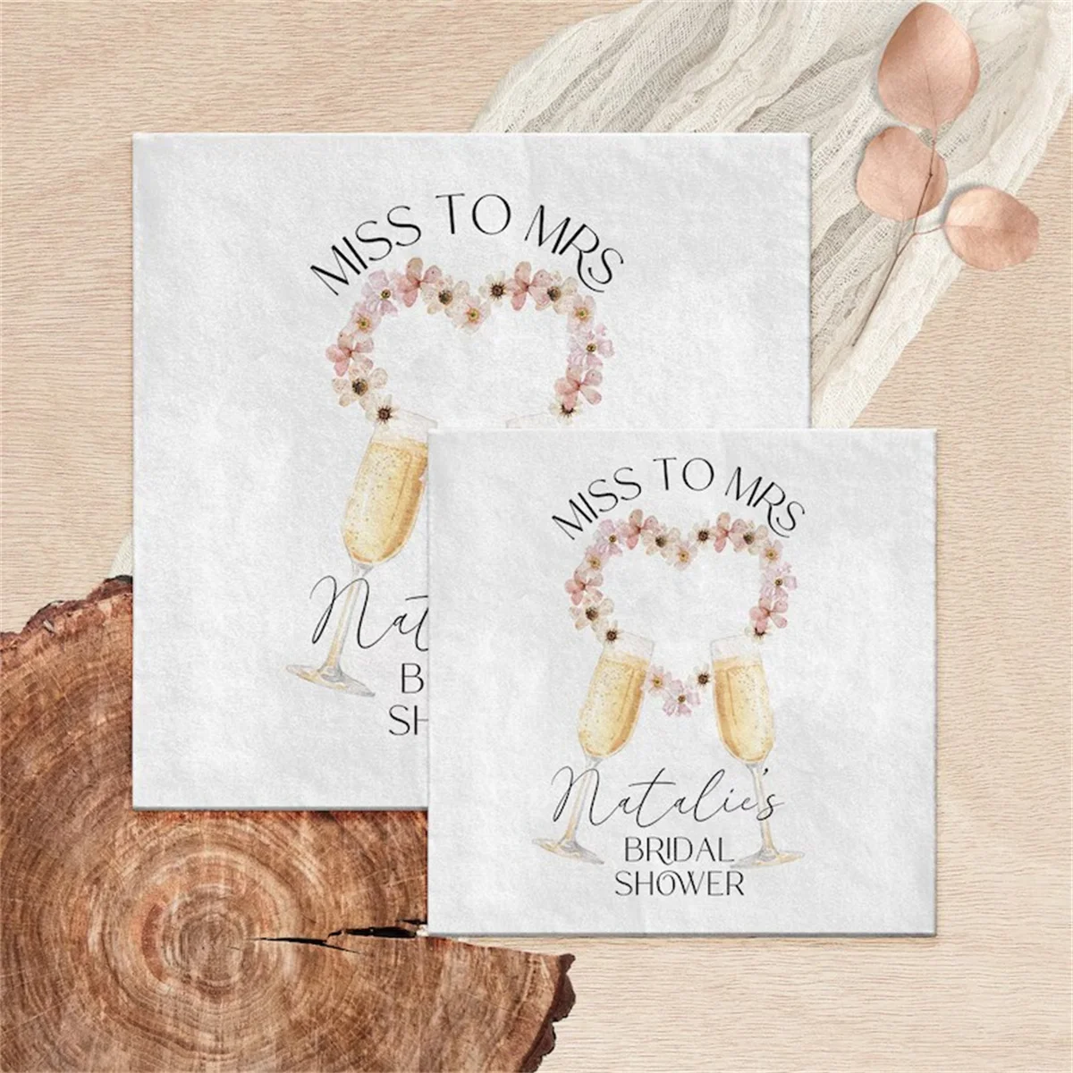 50 PCS Personalized Bridal Shower Table Napkins | Champagne Bridal Shower Printed Luncheon Napkins | Custom Petals And Prosecco