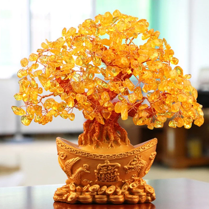 Lucky Money Tree Chinese Gold Ingot Crystal Fortune Tree Ornament Wealth Ornament Home Office Table Decoration Tabletop Crafts