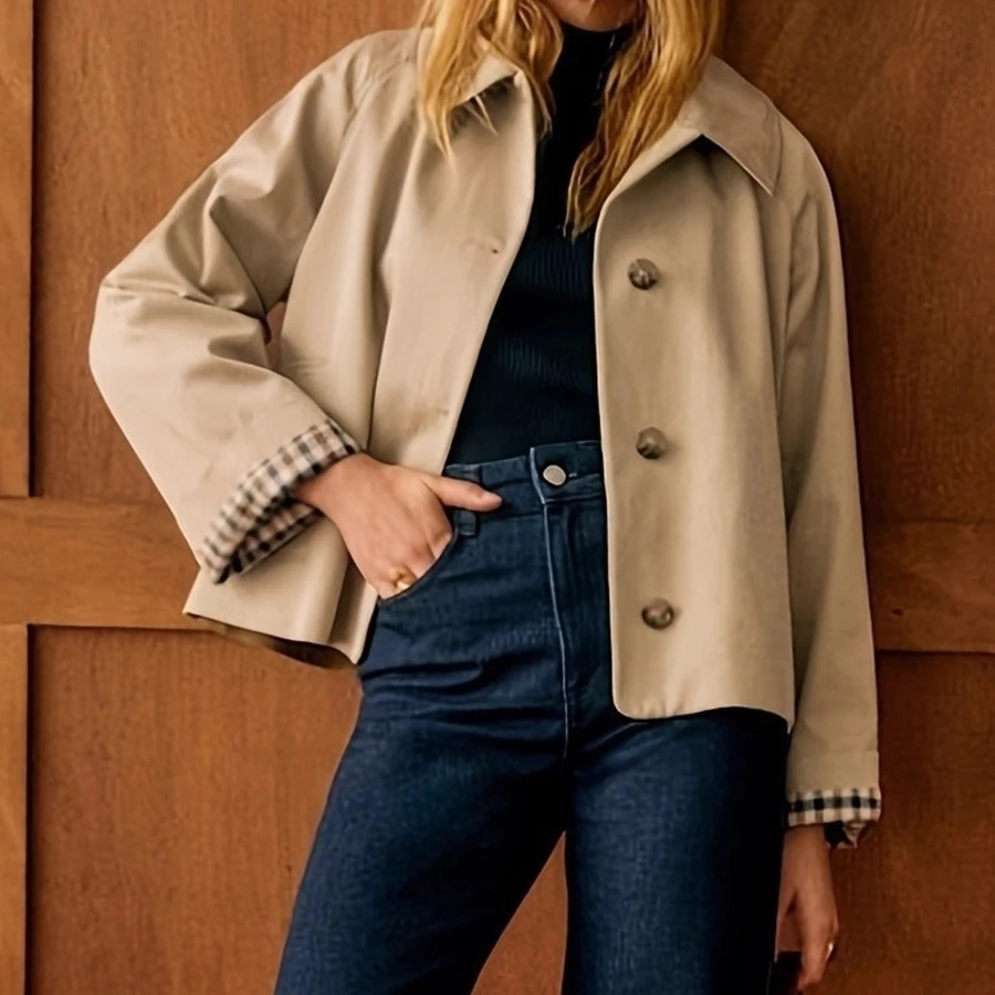 

Женская повседневная осенняя куртка в английском стиле с лацканами и воротником на пуговицах, пальто с длинными рукавами для повседневной прогулки, офисных путешествий