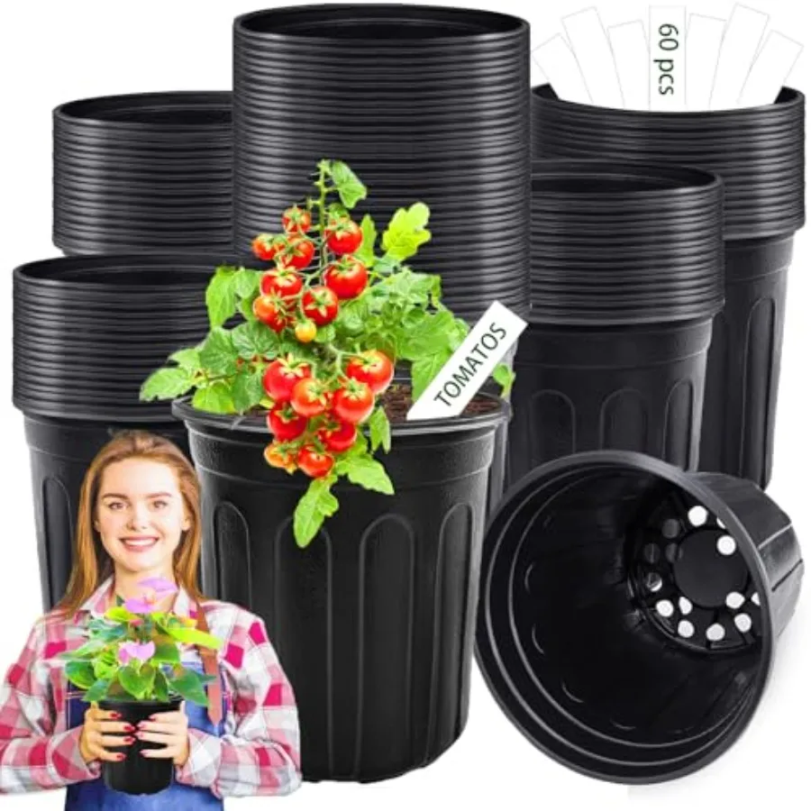 

60 Pcs 1 Gallon ible Plant Nursery PotsPlastic Thickened Soft Seedling Pot with Plant Labels Flower Seed Starting Containers fo