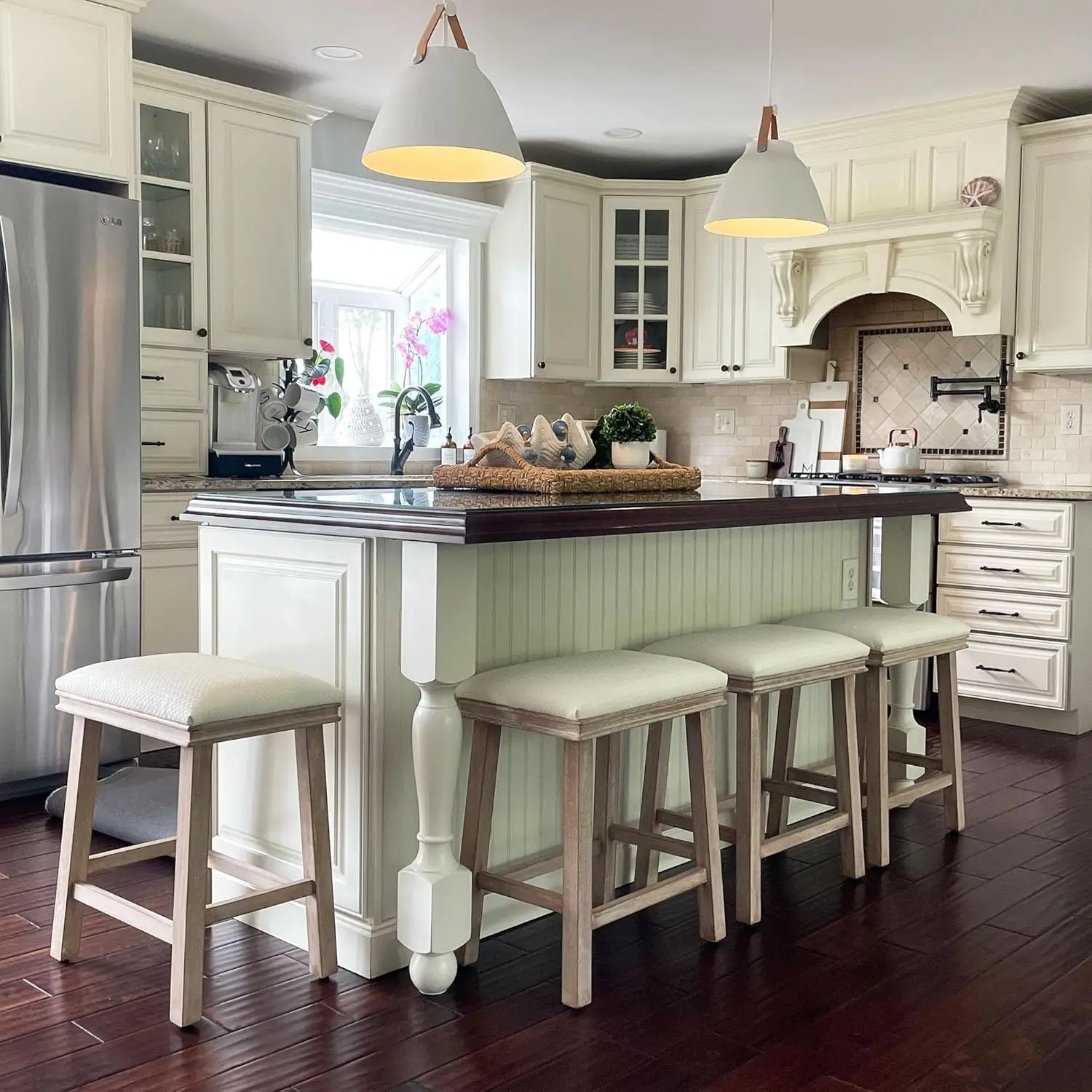 Bar Stools Set Of 3 - Solid Wood Legs Counter Height Barstools With Upholstered  Seat, 24 Inch Kitchen Counter Island Stools