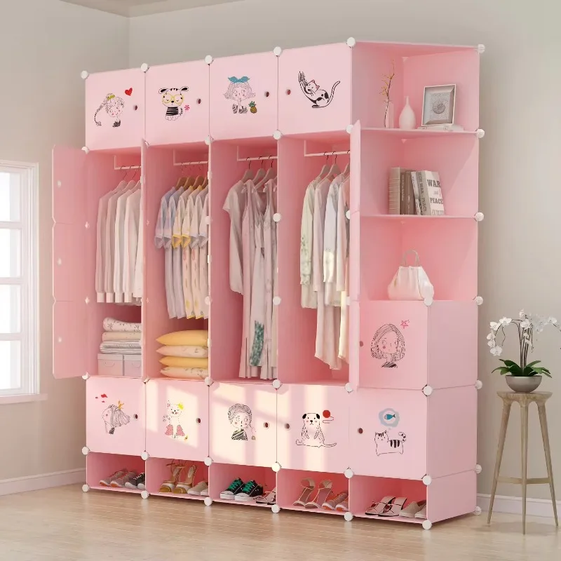 Pink Plastic Wardrobe Storage Box Cube Wardrobe Kids Assemble Plastic Portable Wardrobe Closet Organizer