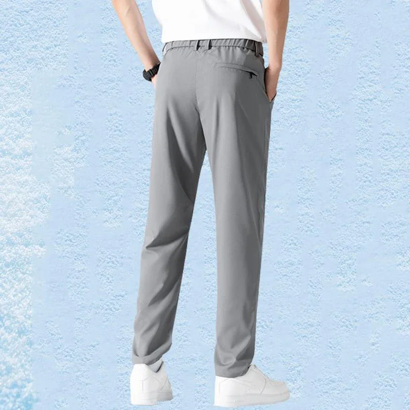 夏のビジネスアイスシルク男性パンツストレート弾性ウエスト黒グレーズボン通気性シンプルな男性服カジュアルスーツパンツ