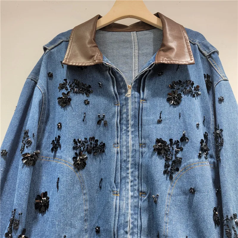 Color Blocked PU Leather Collar Denim Coat Women Heavy Industry Diamond Studded 2026 New Style Loose Long Sleeve Cowboy Jacket