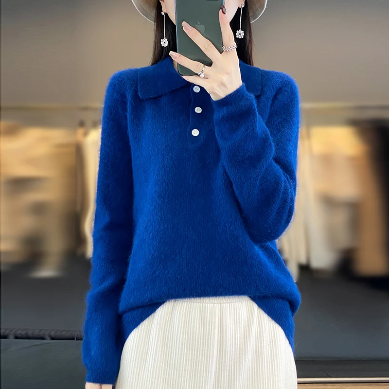 RONGYI Autumn And Winter New 100% Mink Cashmere Lapel Women\'s Solid Color Loose Pullover Knitted Padded Warm Long Sleeve Top