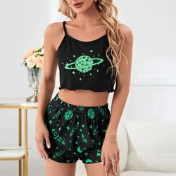 Women's Pajamas Set Sleepwear 2 PCS Short Tank Tops And Shorts S M L Black Ventilate Soft Casual Star Print