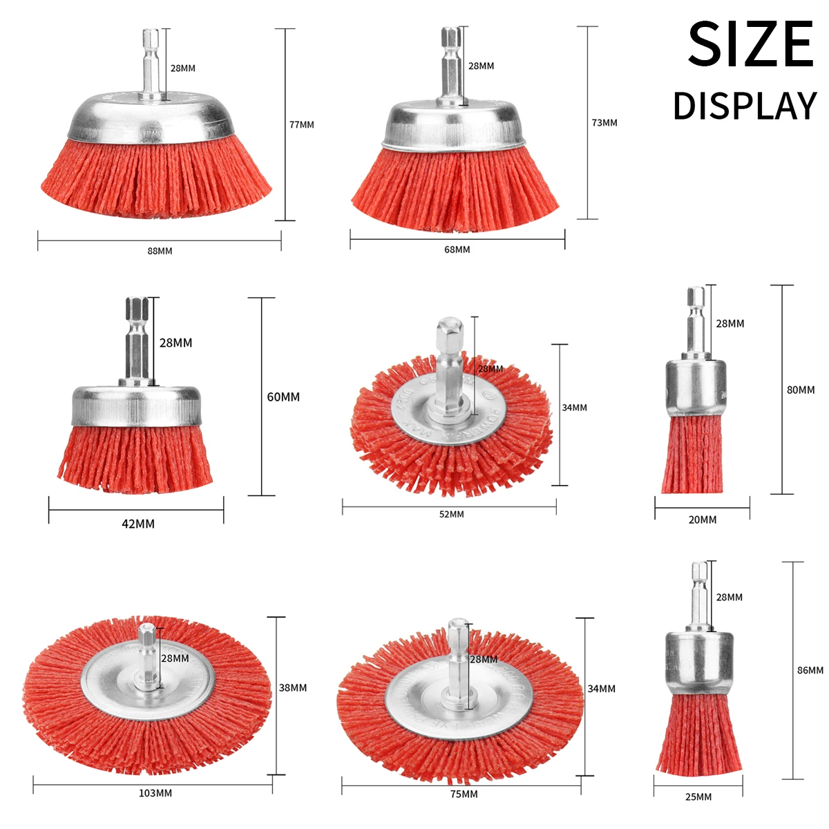 8PC 1/2/3/4in Wire Wheel Brush Nylon Cup Brush Abrasive 1/4inch Shank for Wood Metal Polishing Deburring Cleaning Rotary Tools