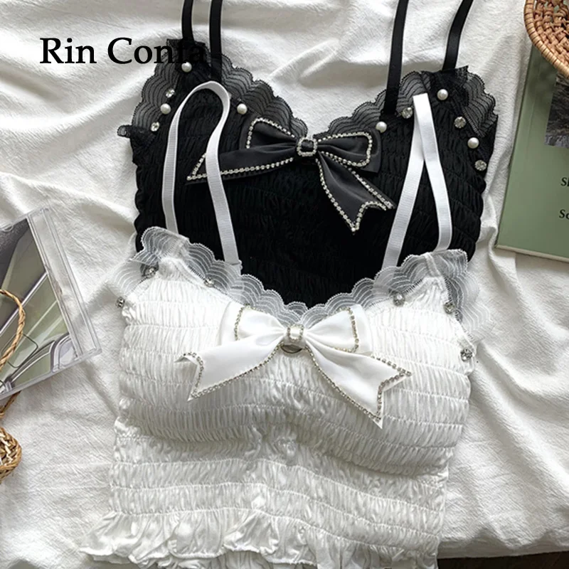 

Rin Confa White French Lace Bow Small Vest For Women Of Design V-Neck Short Crop Tops All-Match Sleeveless Elastic Force Top Wo