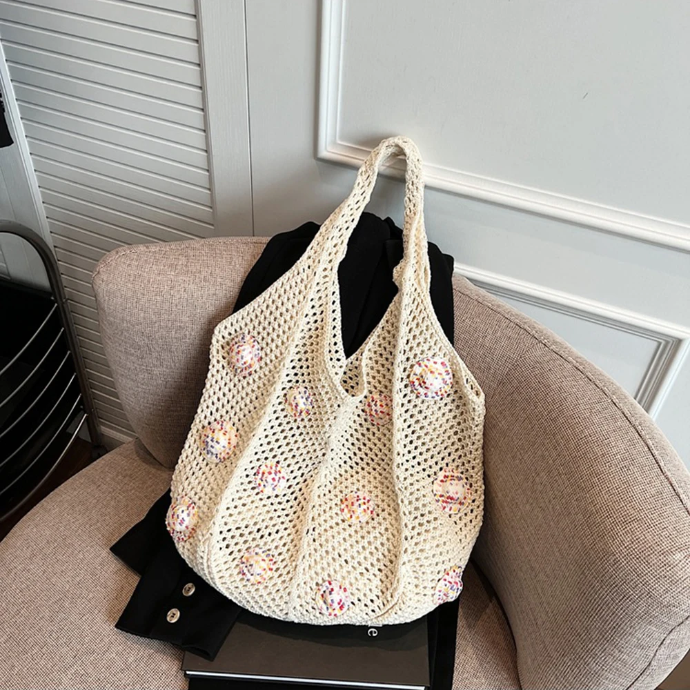 

Simple Sweet Woven Beach Bag Lazy Style Hollow Out Crochet Shoulder Bag Soft Large Capacity Knitted Handbag Ladies