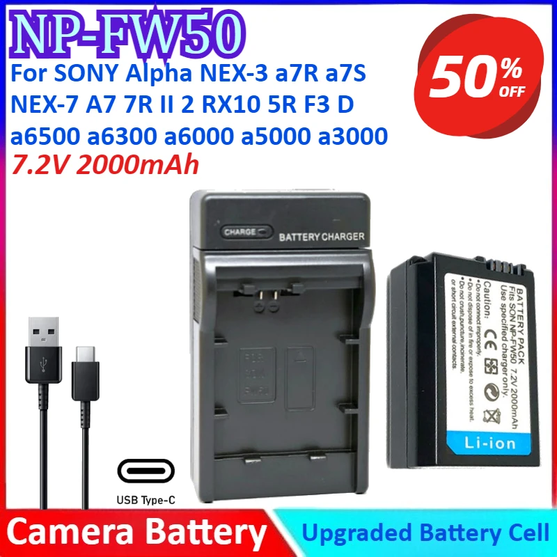 

NP-FW50 7.2V 2000mAh Camera Battery +Charger For SONY Alpha NEX-3 a7R a7S NEX-7 A7 7R II 2 RX10 5R F3 D a6500 a6300 a6000 a5000