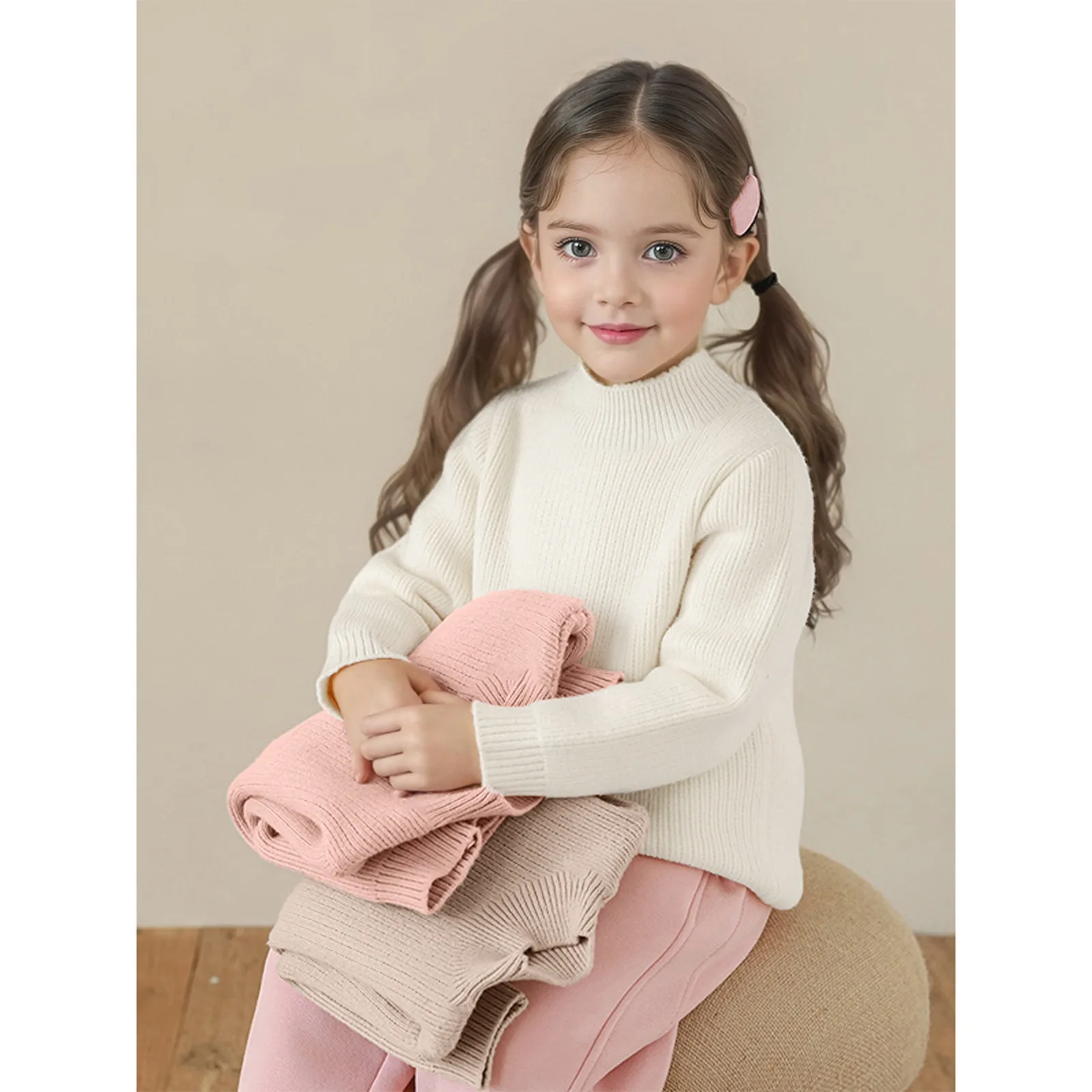 

Autumn Winter Junior Girls Sweater Solid Plus Velvet Thicken Kids Babys Girls Pullovers Versatile Korean Infant Girls Knitwear