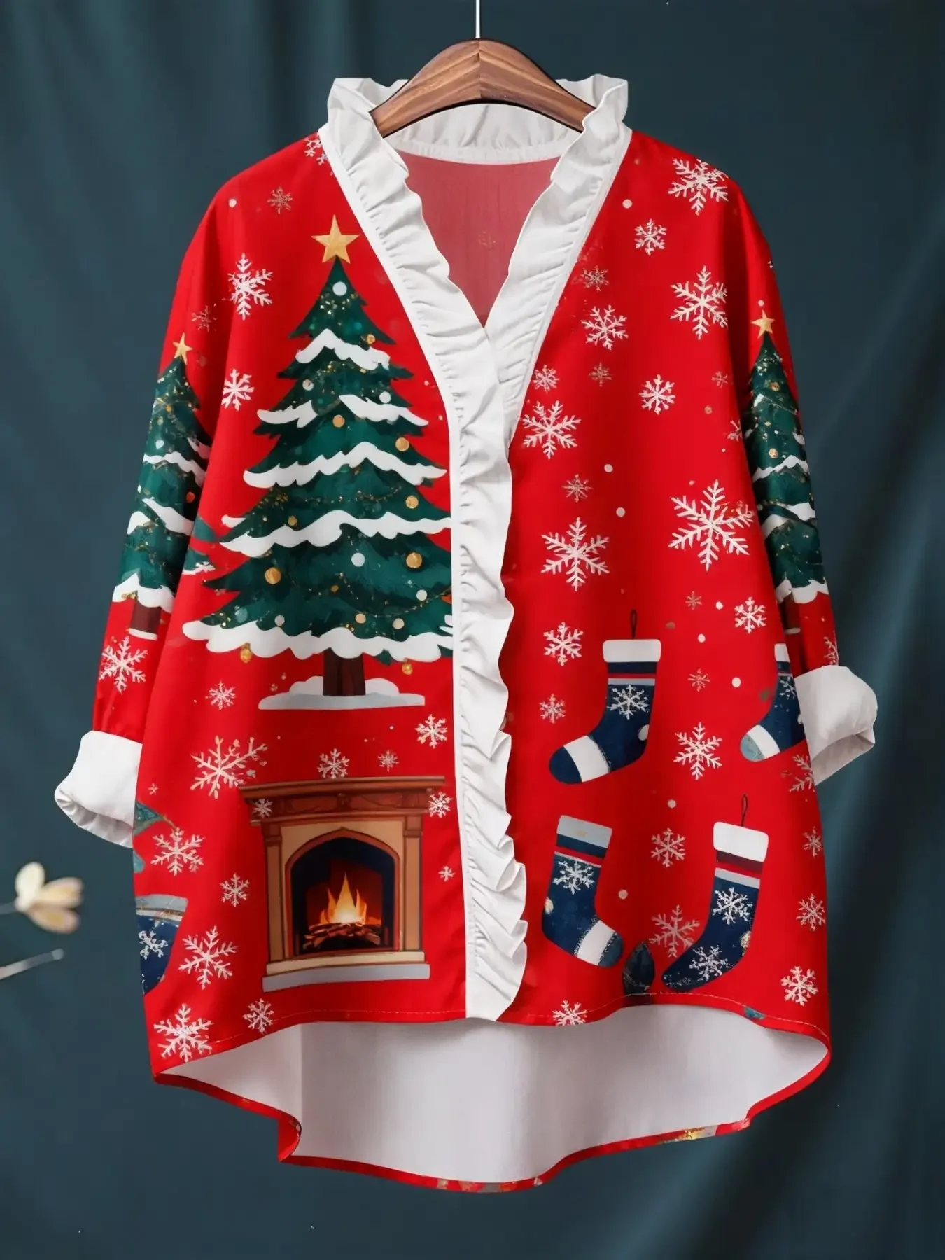 Women's Christmas digital printed long sleeved shirt with ruffled collar, loose fit, versatile 