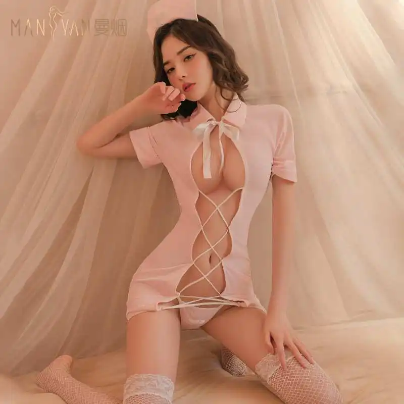 Novo design feminino sexy oco transparente roleplay enfermeira uniforme senhora naugty cosplay trajes virilha aberta lingerie vestido