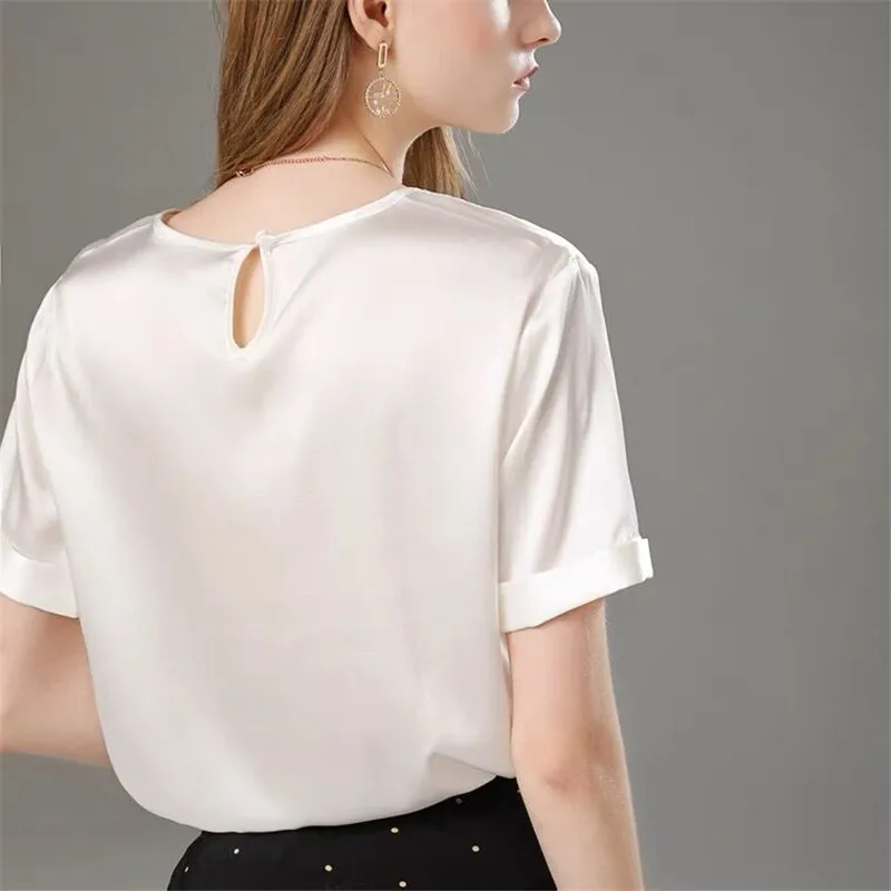   Frauen grundlegende wilde künstliche seide Hemd Blusas Koreanische chiffon Tops Sommer streetwear Kurzarm lässig solide Satin Bluse