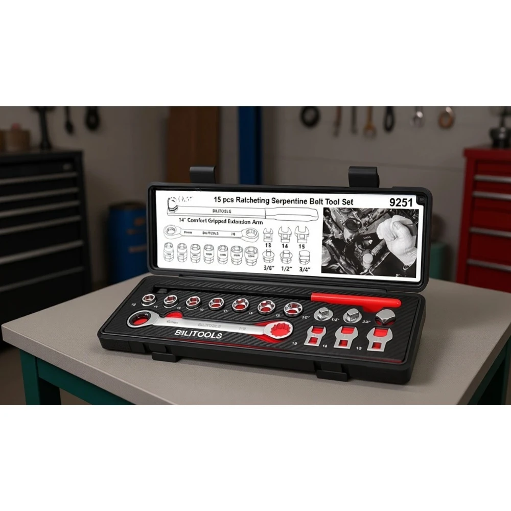 

15 Piece Universal Serpentine Belt Tool Set with Ratcheting Wrench Crowfoot Wrenches Socket Adapters