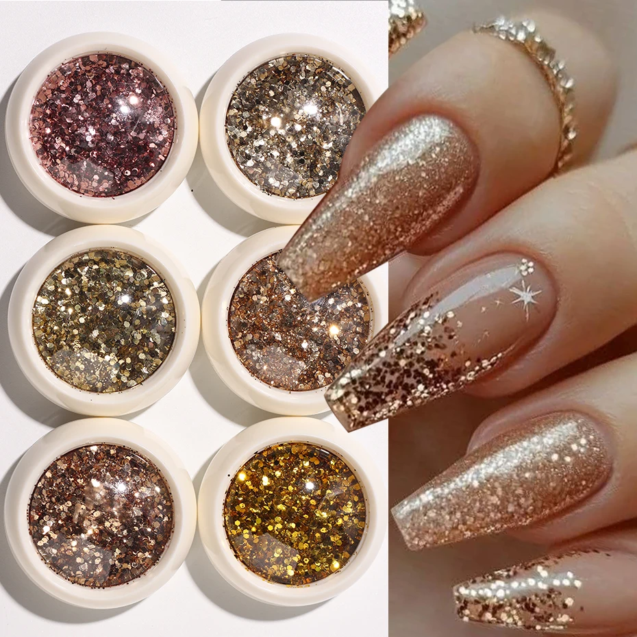 6 Stück gemischte goldene Roségold klobige holografische Pailletten Nagelglitter Sechseckpulver Pigmentstaub Y2K Nail Art Dekoration Maniküre