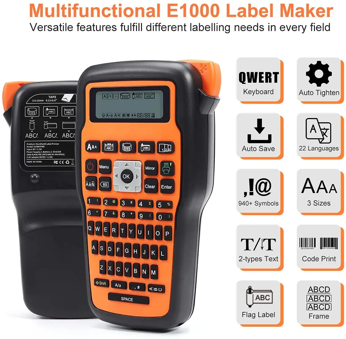 E1000 PRO Label Maker Printer Compatible for Heat Shrink Tubes TZ231 Label Maker Tape QWERTY Keyboard Symbols Industrial Printer