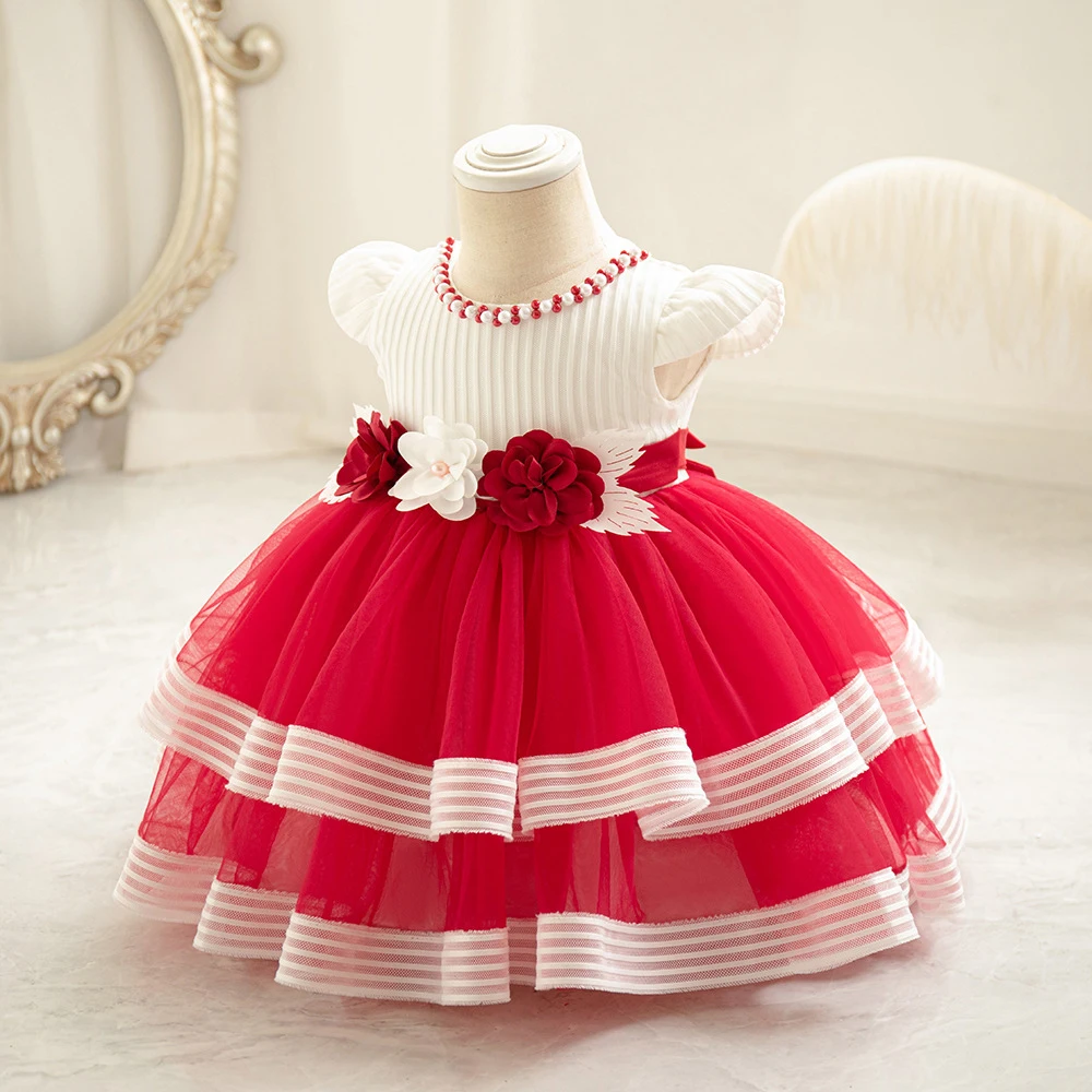 0-3 Years Girl Red Princess Party Dresses Striped Toddler Baby 1 Year Birthday Ball Gown Newborn Kids Clothes