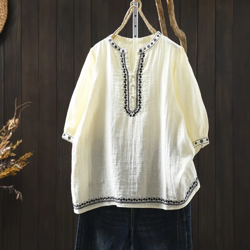 

Women Summer Vintage Mori Girl Ethnic Style Floral Embroidery Cotton Shirts O-Neck 3/4 Sleeve Casual Loose Pullover Blouse Tops