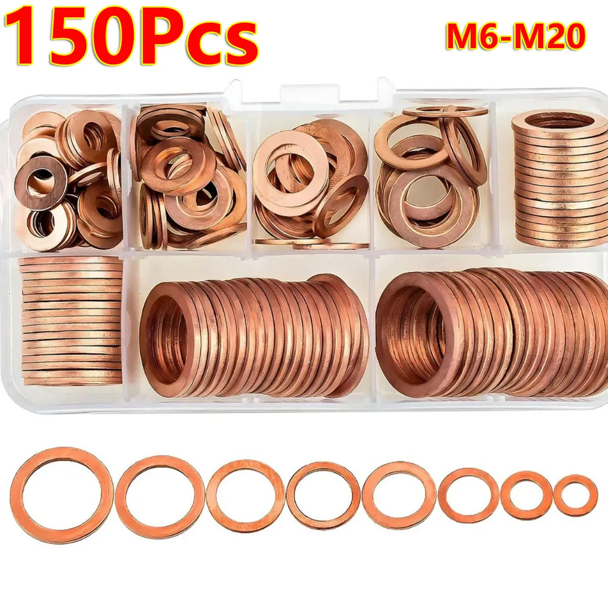 150Pc Copper Washer Gasket Nut Bolt Set Flat Ring Seal Kit With Box M6 M8 M10 M12 M14 M16 M18 M20 For Sump Plugs Washer Oil Plug