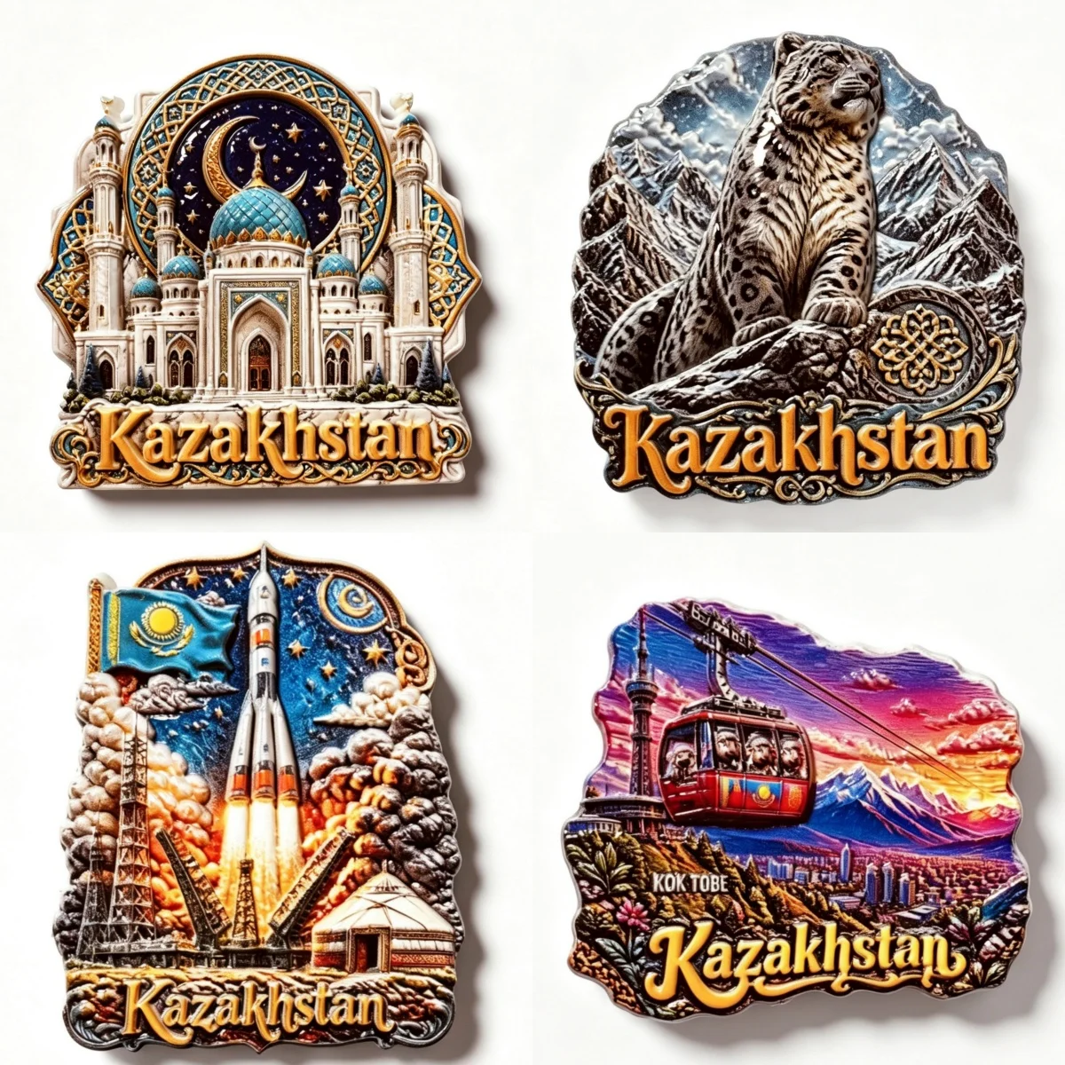 Aimant de réfrigérateur souvenir du Kazakhstan, en résine 3D, Léopard des neiges, Mosquée, Drapeau, Voyage spatial, Autocollant magnétique, Décoration d'intérieur, Cadeau