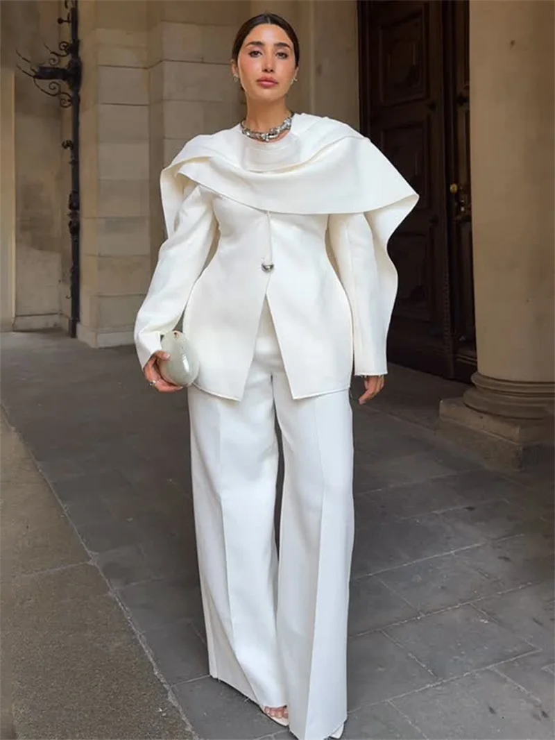 Branco envoltório cachecol feminino terno conjunto 2 pçs blazer + calças de algodão formal casamento convidado jaqueta feriado banquete festa casaco nupcial